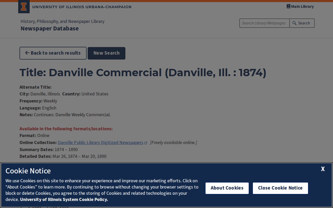 University of Illinois digitized Danville Commercial newspaper holdings page
